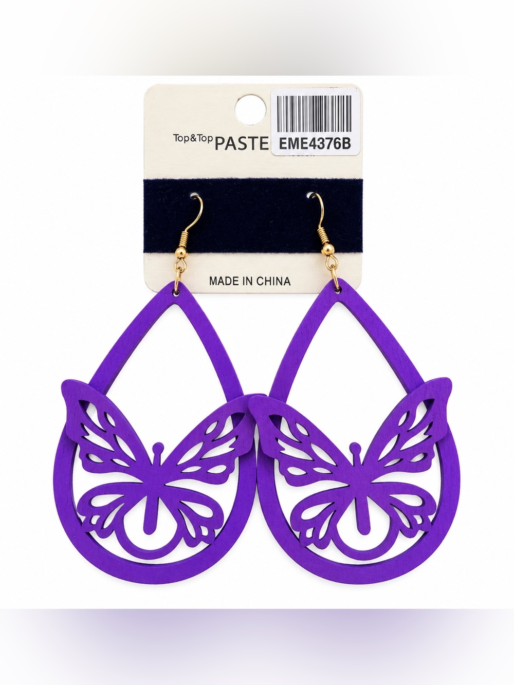 Purple Butterfly Wooden Teardrop Dangle Earrings Lightweight Statement